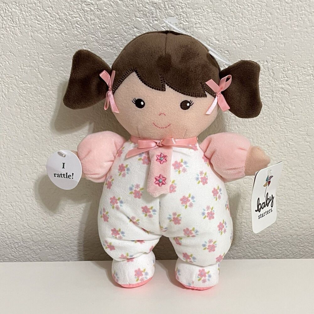 Baby Starters Plush Brunette Olivia Baby Doll with Rattle Lovey Pink Floral 10" - Picture 6 of 10